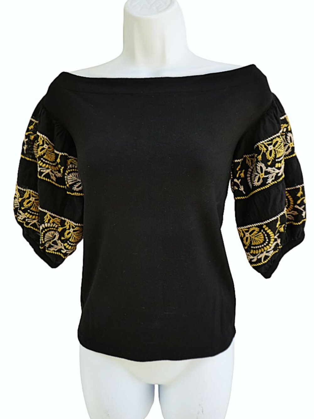 Free People Rock With It Black Off Shoulder Top Voluminous Embroidered Sleeves